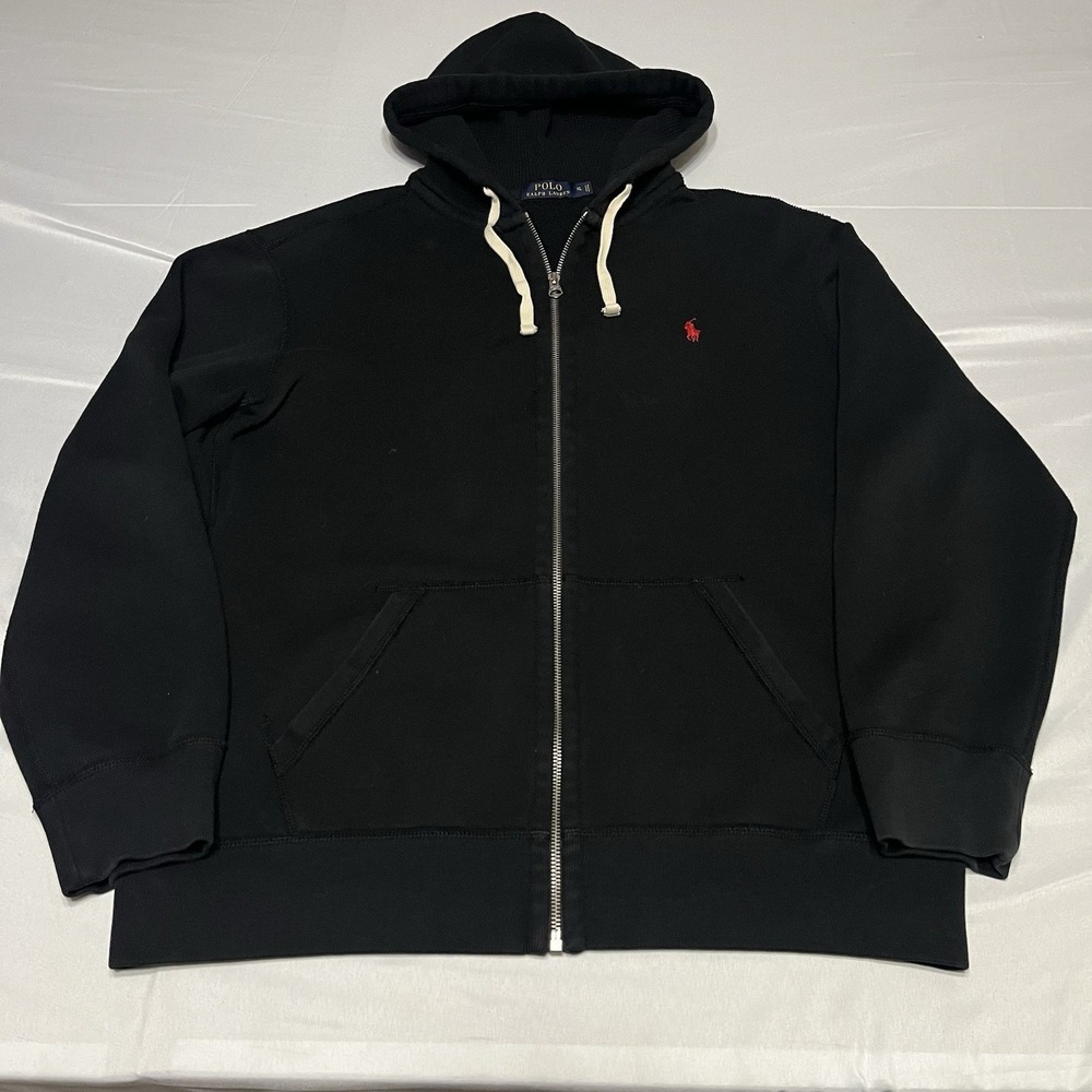 Polo Ralph Lauren Hoodie Mens XL Black Full Zip Fleece Sweatshirt Red Pony
